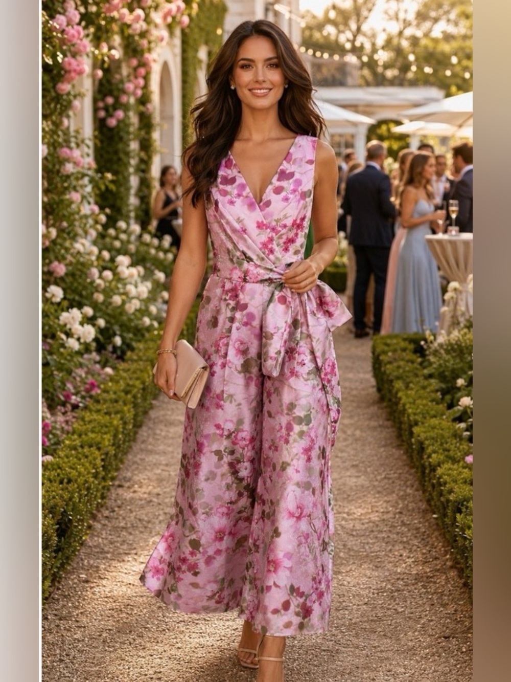 Adrianna Papell Pink Floral Wrap Jumpsuit with Tie Waist